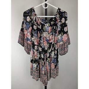 Angie 100% rayon 3/4 length sleeves shorts romper black floral print